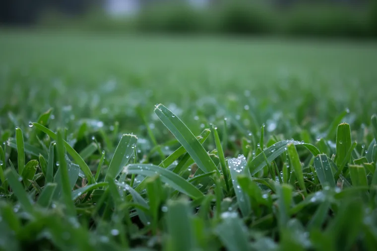 Close view of dew on broad St. Augustine grass blades
