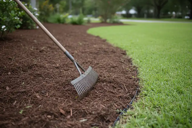 Fresh dark mulch raked smooth in a bed, with a rake resting at the bed edge