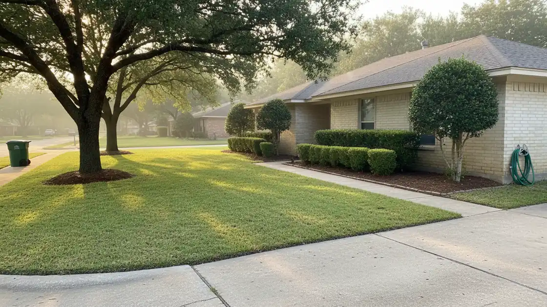 Finished front yard at golden hour with mown lawn, edged walkway, and mulched beds along a brick house