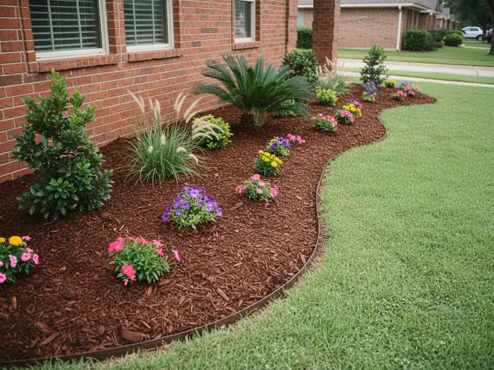 Flower bed along a brick wall with fresh dark mulch, a sago palm, and a clean curved edge against the lawn