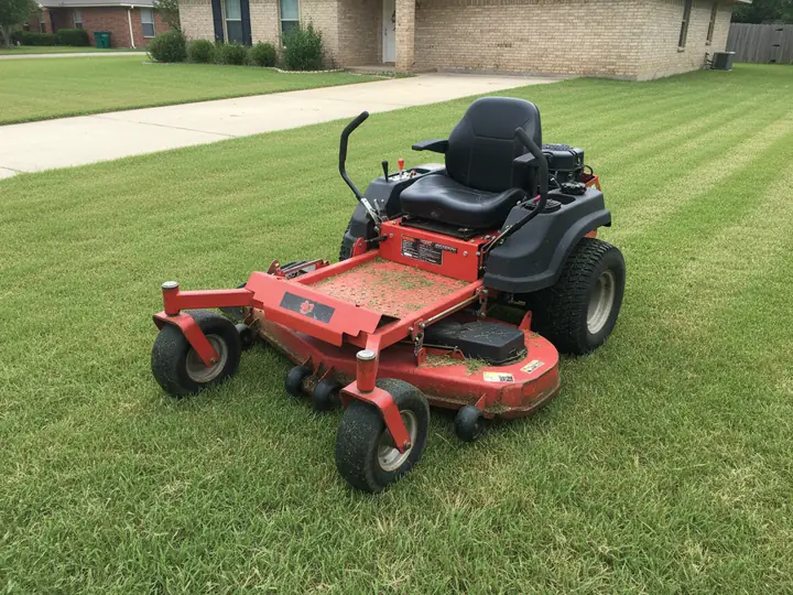 Red zero-turn riding mower parked on a freshly mowed St. Augustine lawn with visible mowing stripes